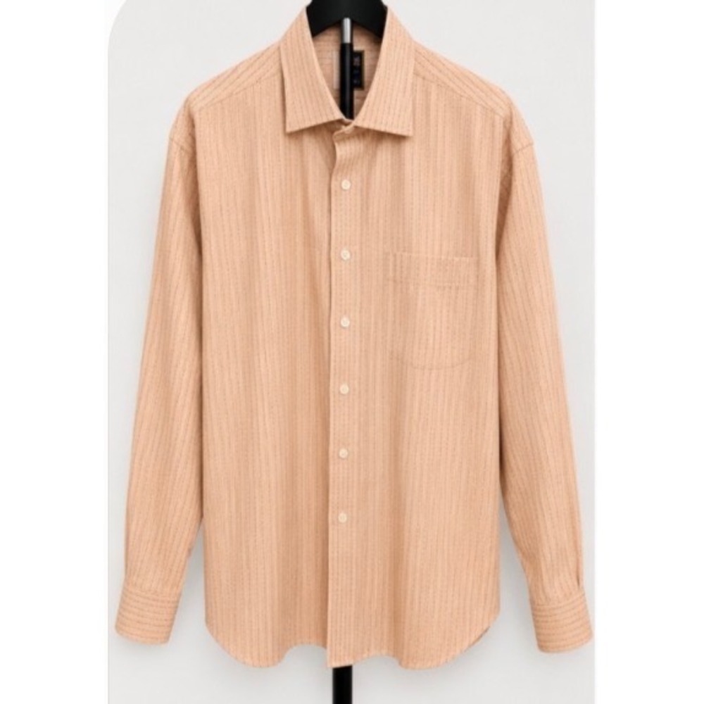 T. Harris London Mens Textured Stripe Button Down Shirt Peach Tan Long Sleeve